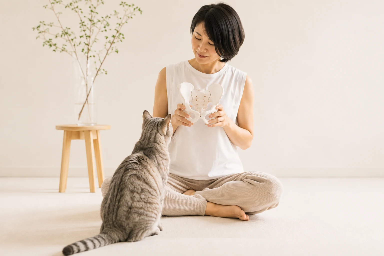 猫と向き合いながら骨盤模型を手にする、totonoサロンのイメージ